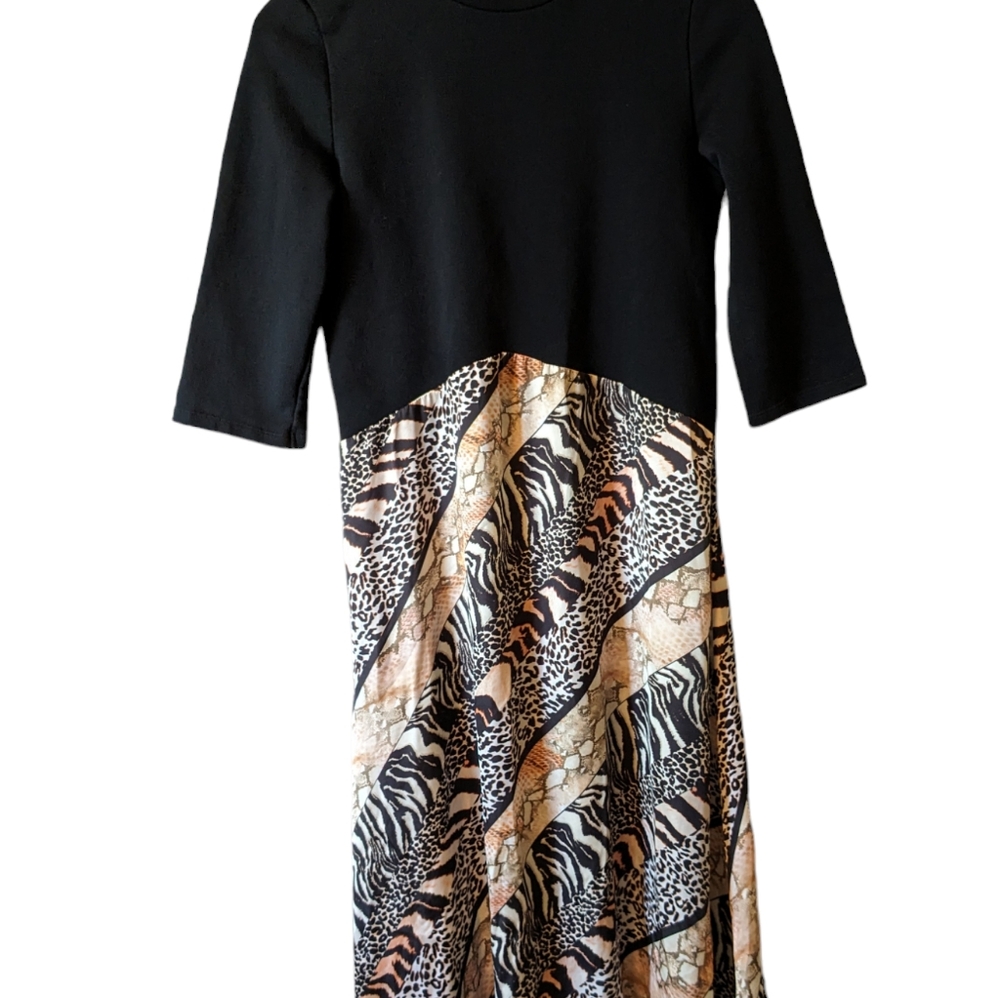 Zara Satin Animal Patch Print Midi Dress Black Brown 3/4 Sleeves A-line Sz M - Picture 5 of 10